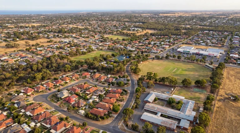 Aerial view of an Australian regional town in North East Victoria