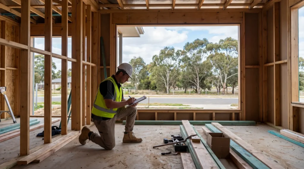 Building inspector in hi-vis checking timber wall frames during a frame stage inspection