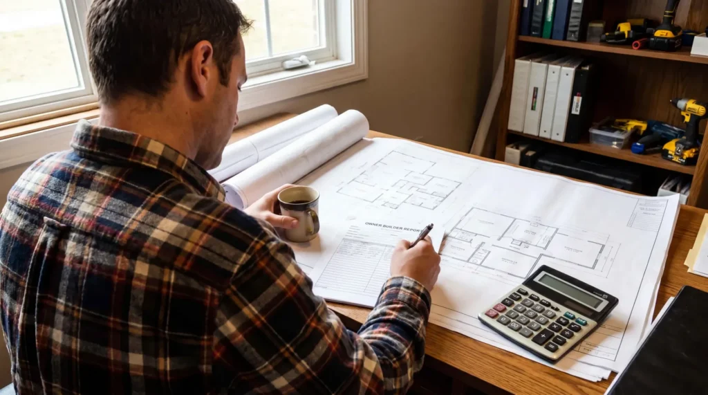 Homeowner reviewing house floor plans at a desk before a building permit application